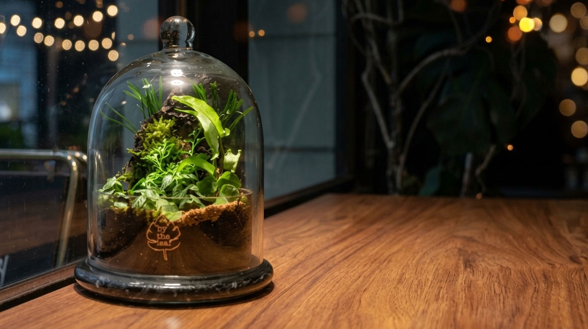 A small green terrarium with moss and plants inside a clear glass dome, displayed on a wooden table with a warm, softly blurred background of lights.